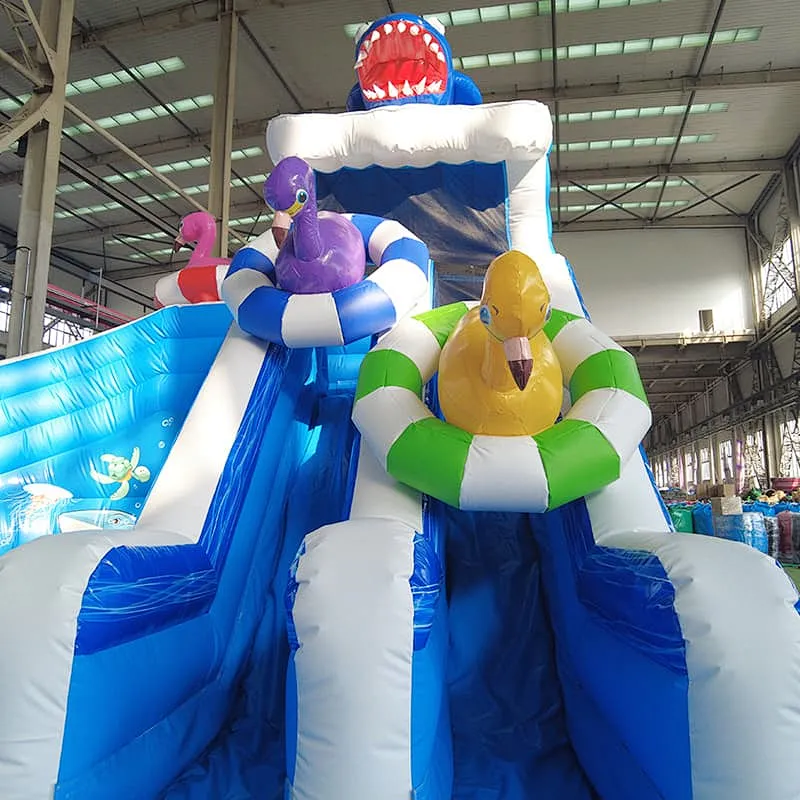Shark theme inflatable water park with dual lane slide and airtight pool